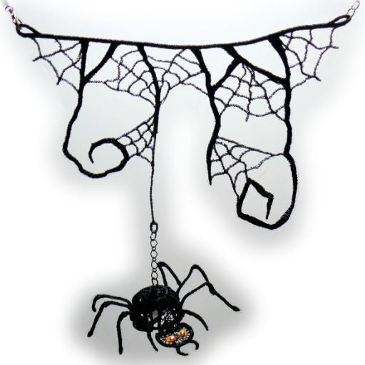 Machine embroidery in the hoop ITH FSL free standing lace spiderweb and bat