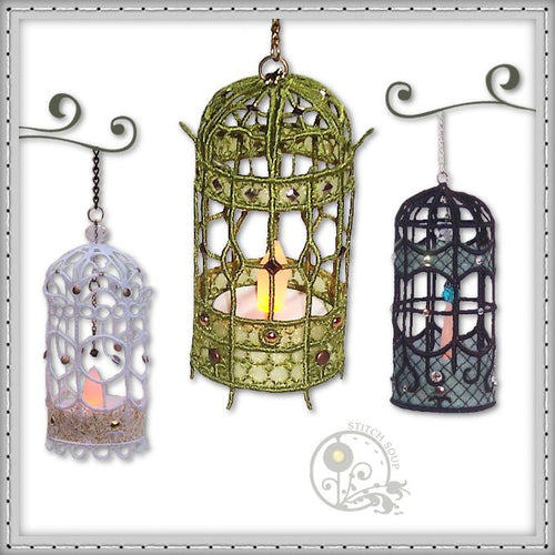 Machine embroidery in the hoop ITH FSL freestanding lace birdcage tea light holder