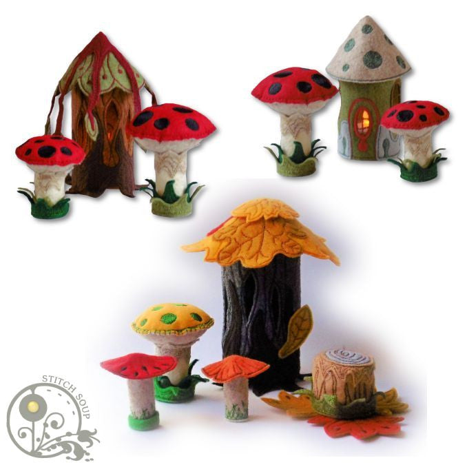 Machine embroidery in the hoop ITH enchanted forest felt mushroom tea light fairy house