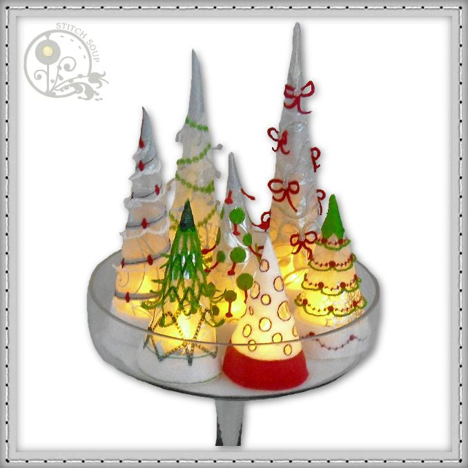Machine embroidery in the hoop ITH Christmas tea light trees
