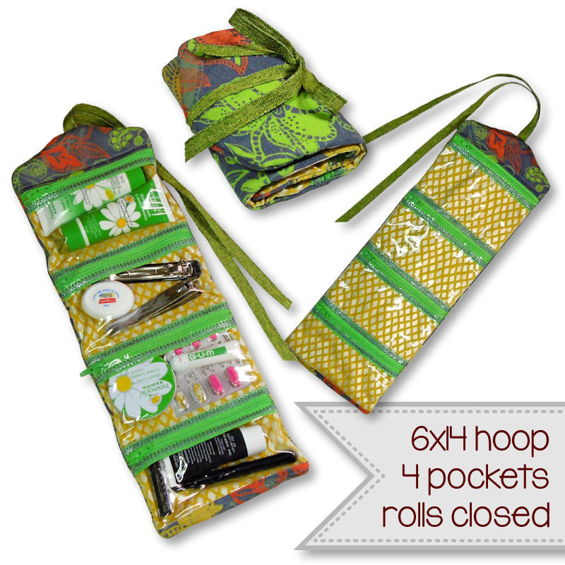 Machine embroidery in the hoop (ITH) zipper roll pouch